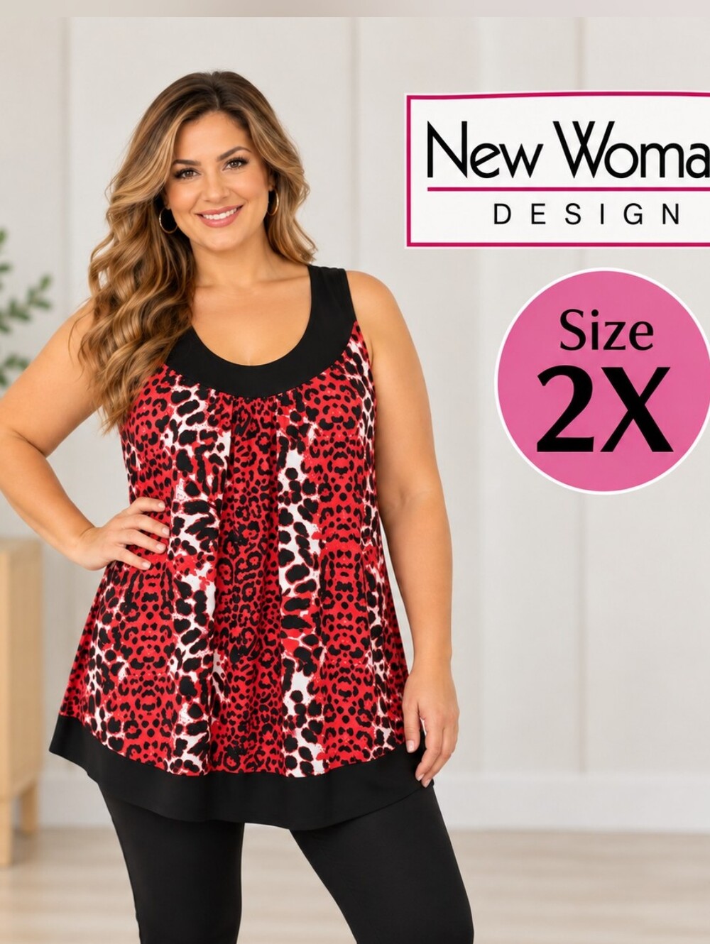 New Woman Design 2X Red Leopard Print Sleeveless Top